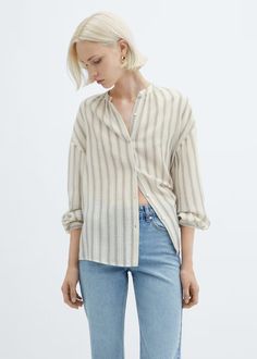 Puffed sleeves striped shirt - Women | Mango USA Rich Girl Fashion, Striped Shirt Women, Beige Blouse, Long Puff Sleeves, Band Collar, Cut Shirts, White Beige, Casual Shirt, Stripe Print