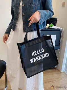 BirdinBag - Black Travel Beach Bag: Stylish Mesh Tote for a Chic Summer Mesh Beach Bags, Letter Bag, Hello Weekend, Black Travel, Travel Beach, Travel Tote, Handle Bag, Beach Trip, Womens Tote Bags