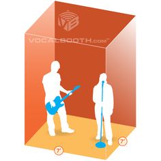 two people standing in front of a red box with a blue guitar on the floor