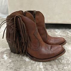 Whiskey Colored Fringe Cowboy Boots. Brand New. Fit Smaller In My Opinion. Western Style Leather Sole Booties For Fall, Leather Heeled Boots With Round Toe For Country Events, Leather Round Toe Booties For Rodeo, Western Style Closed Toe Fall Booties, Western Booties With Stacked Heel And Round Toe, Western Booties With Round Toe And Leather Sole, Brown Fringe Boots For Festival, Spring Brown Boots With Fringe, Western Brown Booties With Reinforced Heel