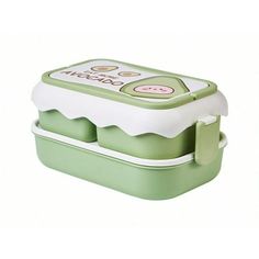 a green and white lunch box with two compartments