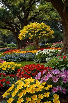 many different colored flowers are in the ground near trees and bushes with green leaves on them