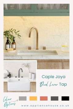 an advertisement for a new kitchen faucet with the words cape joya and other colors