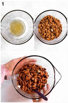 three pictures showing how to make almonds in a blender