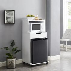 a microwave oven sitting on top of a white cabinet next to a potted plant