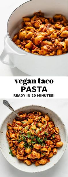 two pictures showing different types of pasta in white dishes with the words, vegan lingo east asia ready in 20 minutes