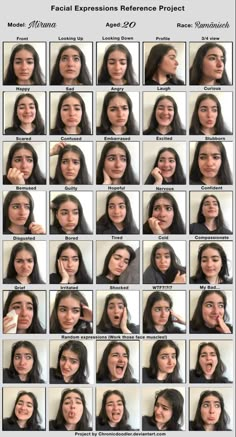 a woman's face is shown with many different expressions and expressions, including the words facial expressions reference project