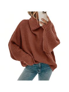 PiePieBuy Women's Turtleneck Long Sleeve Sweaters Knit Oversized Slouchy Fall Pullover Jumper Tops Rust Casual  Long Sleeve  Plain Pullovers   Women Clothing, size features are:Bust: ,Length: ,Sleeve Length: Cozy Oversized Sweaters, Fall Pullover, Long Sleeve Sweaters, Oversized Sweaters, Turtleneck Long Sleeve, Womens Turtleneck, Winter Sweaters, Knitwear Women, Women Pullover