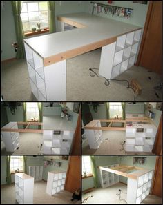 several pictures of an office desk with drawers and shelves