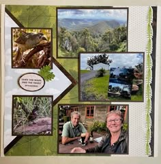 a collage of photos with trees and mountains in the background, including two men sitting at a table