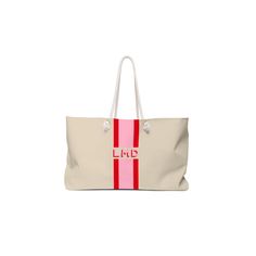 "From trips to the beach to weekend getaways and family picnics, this oversized tote is the ultimate carryall. Made in the USA with a beautiful monogram stripe design, the tote is crafted from thick polyester canvas that has been squared off at the bottom for extra support. The tote features a spacious interior with a cream lining for organizing essentials and thick rope handles for effortless toting. Our tote bags also make great personalized gifts for bridesmaids. Our monogrammed travel totes are available in many stylish patterns. See our matching clutches, pouches, and phone cases.  ★Details★ This listing is for 1 Personalized Tote Bag with personalized INITIALS. size: 24\" x 13\" ★TOTE BAG★ * made with natural polyester canvas, rope handles * cream interior lining * this bag is printe Beige Weekend Tote Travel Bag, White Weekender Bag For Weekend Trips, Beige Tote Travel Bag For Weekend, Red Rectangular Weekender Bag For Trips, Beige Tote Beach Bag For Weekend, Canvas Rectangular Weekender Bag For Weekend, Rectangular Canvas Weekender Bag For Weekend, Rectangular Red Beach Bag For Travel, Canvas Bag For Weekend In Summer