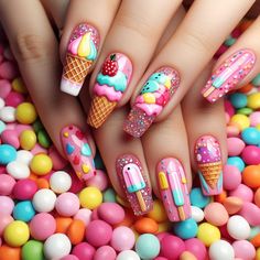 Beat the heat with ice cream and popsicle summer nails. Fun, bright colors and cute patterns make these designs irresistible. #SummerNails #IceCreamNails #PopsicleNails Ice Cream Nails Designs, Novelty Nails, Summer Nails Fun, Bridal Shower Nails, Shower Nails, Nail Party, Ice Cream Nails, Fab Nails, Nails Fun