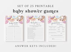 three baby shower games with donuts on them