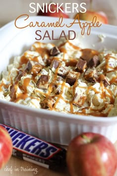 Snickers Caramel Apple Salad... This is ALWAYS a crowd favorite! It is SO delicious and whips up super fast too! Snickers Caramel Apple Salad, Bbq Dessert, Caramel Apple Salad, Apple Dessert, Brownie Desserts, Apple Salad, Tasty Foods, Dessert Salads