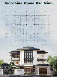 the front and back side of a house with blueprints for each floor plan