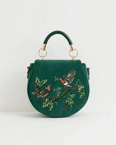 Robin Love Velvet Embroidered Saddle Bag - Fern Green – Fable England US Fable England, Embroidered Accessories, Swan Jewelry, Velvet Bags, Embroidery Accessories, Luxury Christmas Gifts, Embroidered Handbag, Detailed Embroidery, Green Handbag