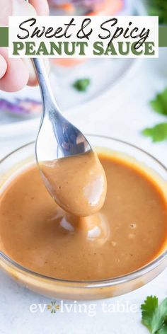 a spoon full of peanut sauce in a glass bowl with the words sweet & spicy peanut sauce above it