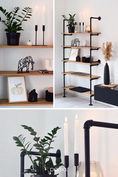 the shelves are filled with candles and plants in black vases on top of them