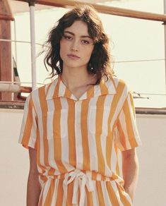 The Bowling Shirt. -- Mango Stripe – The Great. Army Pants, Bowling Shirt, The Fold, Bowling Shirts, Summer Set, Summer Look, Fold Over, Cotton Poplin, Bowling