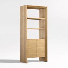 an open bookcase with two doors and shelves on each side, against a white background