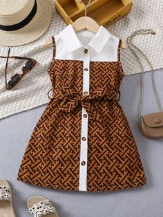 Brown Casual Collar Sleeveless Woven Fabric Colorblock,All Over Print Shirt Embellished Non-Stretch  Young Girls Clothing Dress For Children Girl, Children's Ankara Dress Styles, Girl Kids Dresses Fashion, Children Dress Styles, Dress Styles For Kids, Kids Wear Girls Fashion, Styles For Children, Children Wears, Dresses For Toddlers