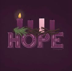 the word hope is surrounded by candles and a branch with a lit candle in it