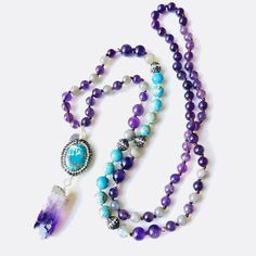 Purple Amethyst, Turquoise Howlite, Labradorite And Pave Crystal Mala Bead Necklace With Amethyst Chunk. Includes Eco-Friendly Brand Cloth Pouch. Retail Price: $89 Each Fair Trade, Made In India Model Ig: @Yourbondhu Lovely Boho Chic Look For The Astrology Bohemian, Vegan Hippie, Wiccan Goddess, Or Witchy Moon Child In You. Perfect Gift For Lovers Of Yoga, Meditation, Crystal Healing And All Things Spiritual. Wiccan Goddess, Lava Stone Necklace, Floating Pearl Necklace, Titanium Aura Quartz, Wiccan Necklace, Horn Pendant Necklace, Galaxy Pendant, Cloth Pouch, Mala Bead Necklace