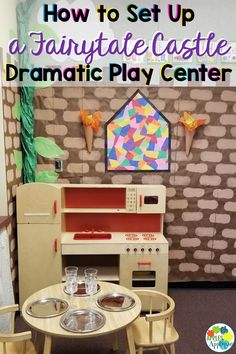 a play center with an oven, table and chairs