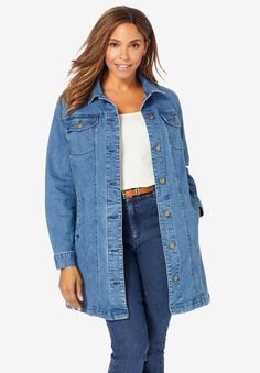 The iconic silhouette is figure flattering for every body and designed to move with you, wherever you go" 36" length CottonMachine wash; imported Plus Size Jean Jacket Outfits, Winter Jacket Outfits, Long Denim Jacket, Jean Jacket Outfits, Oversized Jean Jacket, Jean Jacket Women, Plus Size Coats, Oversized Denim Jacket, Jacket For Women