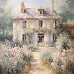 a painting of a house with flowers in the foreground and a path leading to it