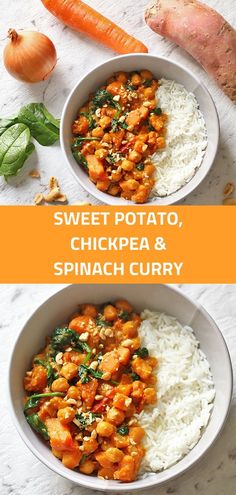 sweet potato, chickpea and spinach curry in two white bowls with carrots on the side