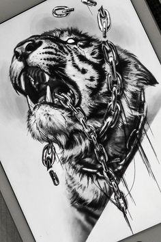 a drawing of a tiger with chains on it's neck and mouth, in black and white