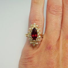 LARGE BIG UNHEATED No Heat Marquise Cut Ruby Ring 18K Yellow Gold Mid Century Ring Ruby Engagement R Giant Ruby Ring, Collectible Cluster Gemstone Rings, Heirloom Pear-shaped Diamond Ring With Gemstone, Heirloom Cluster Ring With Marquise Cut Gemstone, Marquise Ruby Ring, Ballerina Engagement Ring, Real Ruby Rings, Unique Ruby Rings, Red Diamond Ring