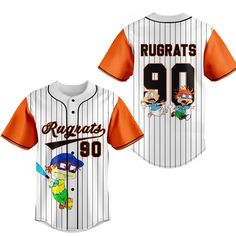 a baseball jersey with the number 90 on it and cartoon characters in orange, white and black