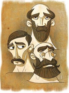 three men with long hair and beards are depicted in an artistic manner, one is wearing