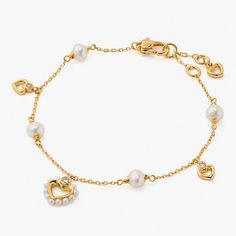 $78 Kate Spade Shining Spade Pearl Line Heart Bracelet In Gold New Elegant White Kate Spade Bracelet, Elegant White Bracelet With Heart Charm, Elegant White Heart Bracelet For Valentine's Day, White Heart Beads Bracelet, Elegant White Heart Bracelet, Elegant White Heart-shaped Bracelet, Spade Jewelry, Kate Spade Jewelry, Heart Bracelet