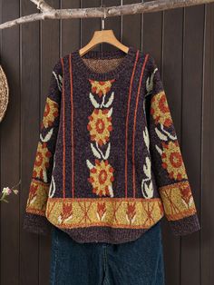 Plus Size Women Floral Pattern Round Neck Long Sleeve Pullover Sweater Multicolor Casual  Long Sleeve Knitwear Floral,Plaid Pullovers Medium Stretch  Women Plus Clothing, size features are:Bust: ,Length: ,Sleeve Length: Plus Size Pullover, Plaid Pullover, Long Sleeve Pullover Sweater, Plus Size Sweaters, Inspiration Mode, Long Sleeve Pullover, Plus Clothing, Pullover Sweater, All Fashion