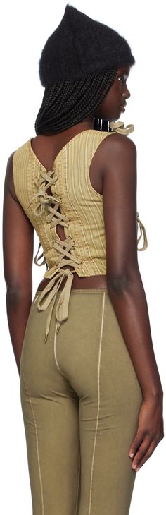 Non-stretch cotton-blend denim corset. Stripes, lace-up detailing, and fading throughout. · Paneled and layered construction · Square neck · Asymmetric hem · Zip closure at side · Unlined Supplier color: Tan stripe Cotton Corset Belt For Spring, Fitted Front Lace-up Corset, Fitted Corset With Front Lace-up Fastening, Spring Cotton Corset Belt, Fitted Cotton Corset Belt For Spring, Fitted Cotton Corset Belt For Summer, Denim Corset, White Outfits, Asymmetric Hem