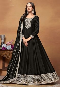 Buy Black Art Silk Floor Length Anarkali Suit 287472 online at lowest price from huge collection of salwar kameez at Indianclothstore.com. Black Anarkali Suits, Party Wear Anarkali, Batik Print Dress, Silk Anarkali Suits, Anarkali Dresses, Silk Anarkali, Anarkali Lehenga, Gown Suit, Lehenga Style