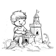 Cute boy playing in the sand with sandcastle (free printable PDF black-and-white line drawing idea suitable for all, from beginners to advanced learners, including children, teens, adults, and seniors) Playing In The Sand