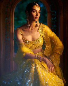 Sunflower Yellow Mirror Work Lehenga Set Scoop Neckline Blouse, Yellow Mirror, Seema Gujral, Mirror Work Lehenga, Yellow Mirrors, Yellow Lehenga, Work Lehenga, Sunflower Yellow, Organza Dupatta