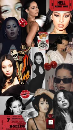 the collage shows many different women in black and white outfits, including one with red lipstick