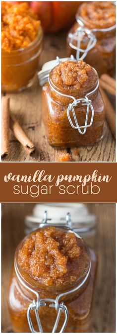 there are two pictures of pumpkin sugar scrubs in jars with cinnamon sticks on the side