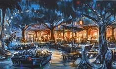 a painting of people on boats in the water at night with trees and buildings behind them