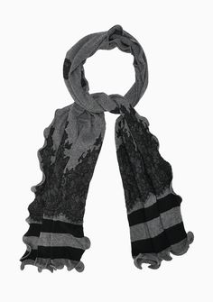 This charcoal melange and black stole, knitted from a very soft fine wool, is further embellished with a delicate black Chantilly lace application. A stylish and comfortable neck wrap for any attire any time. Elegant Gray Scarves For Fall, Elegant Cashmere Shawl For Layering, Elegant Black Cashmere Scarf, Elegant Shawl For Layering, Elegant Black Winter Scarves, Elegant Winter Lace Shawl, Elegant Lace Shawl For Winter, Elegant Black Lace Shawl, Elegant Gray Shawl For Winter