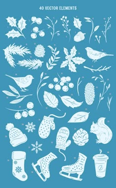 a blue poster with various winter items on it