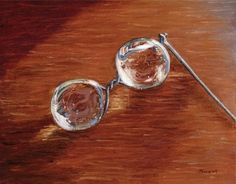 an oil painting of some kind of thing on a wooden table with a needle in it