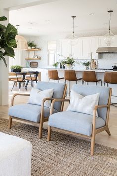 a living room filled with furniture next to a kitchen and dining room table covered in plants