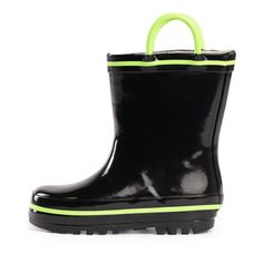 NORTY Toddler Boys Waterproof Rubber Rain boots Black Lime Mid-Calf Size 8 Toddler Medium Width. Kids look forward to rainy days when they can wear these rainboots with the big, easy-to-grab rubber handles. The deep, rugged lug soles provide superior grip for every muddy puddle and slippery slope. Toddlers can run around outside all day stomping puddles and never get their feet wet - the boots are 100% rubber and completely waterproof. A quick swipe with a damp cloth after a long, wet day and th Rain Boots For Kids, Muddy Puddle, Polka Dot Rain Boots, Kids Rain Boots, Big Easy, Girls Shoes Kids, Purple Teal, Toddler Kids, Navy Pink