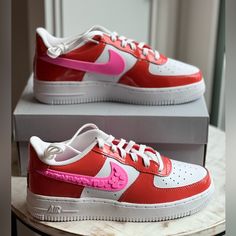 These Nike Air Force 1 Sneakers Are Perfect For Your Little Girl's Activewear And Casual Outfits. The Pink Hearts Design, Made With Leather Upper Material, Adds A Touch Of Love And Valentine's Day Spirit To The Shoes. The Lace-Up Closure Ensures A Secure Fit, While The Uk, Us, And Eu Shoe Sizes Of 4.5, 5.5, And 37.5 Make Them A Great Fit For Growing Feet. These Sneakers Are Part Of The Nike Air Force Product Line And Are A Stylish Addition To Any Sneaker Collection. The Af1 Model Is A Classic De Air Force Love, Shoes Nike Air Force, Air Force 1 Sneakers, Affordable Shoes, Hearts Design, Tenis Nike, Red Sneakers, Pink Hearts, Girls Wardrobe